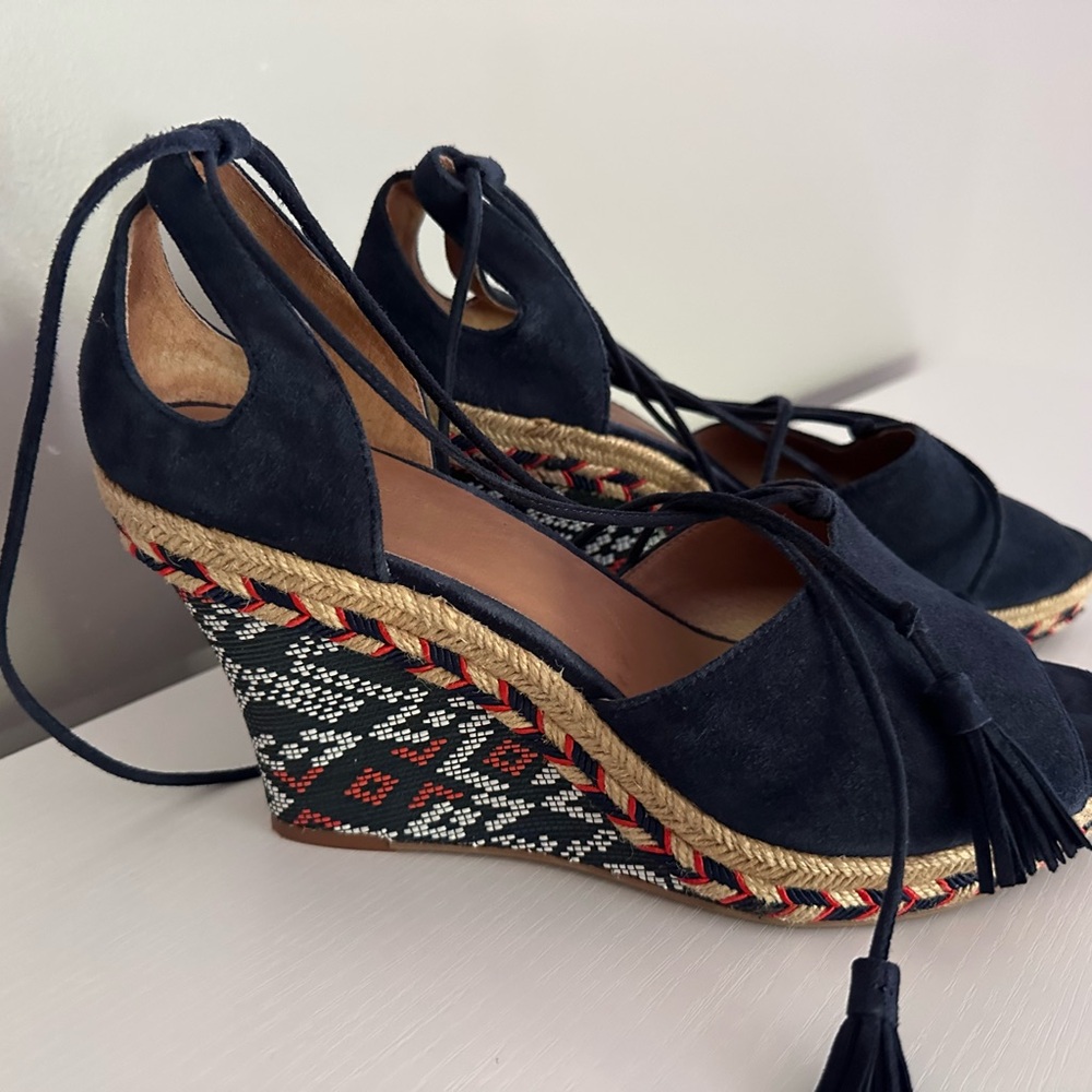 Navy Wedge Sandals with Patterned Heel